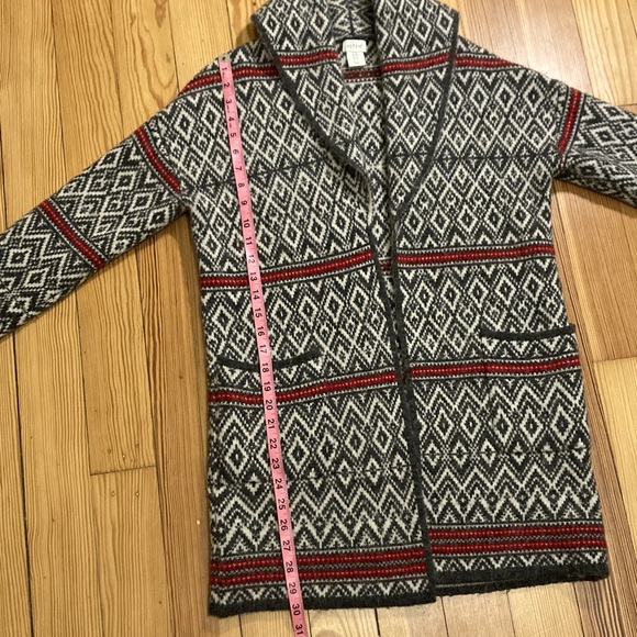 Geometric Shawl Collar Cardigan Sweater Grey Red Size Medium - Picture 9 of 10